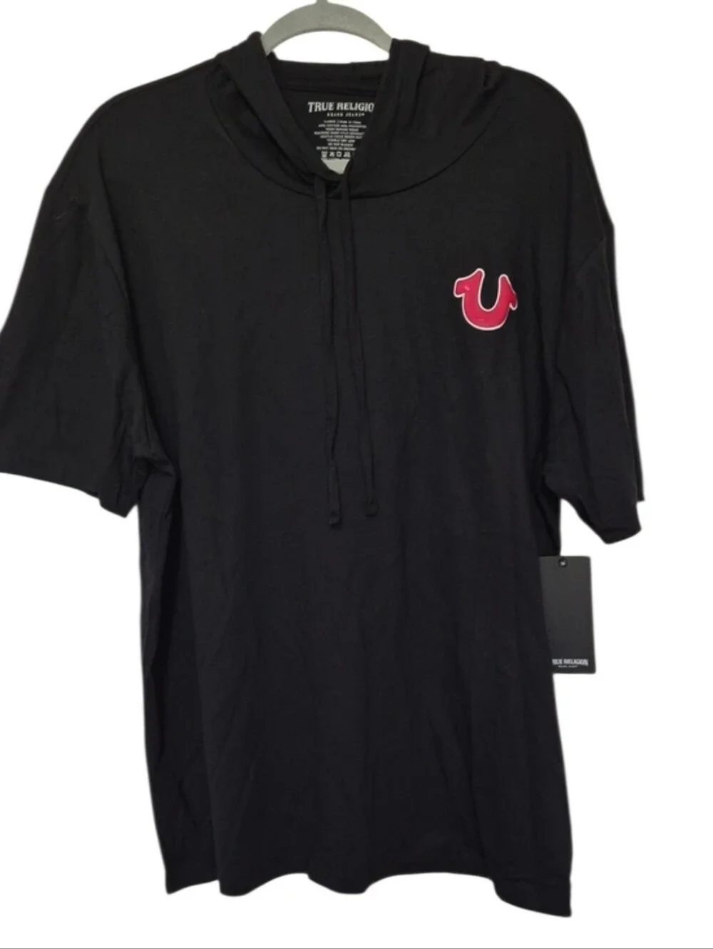True Religion Buddha Hoodie Tee Jet Black Red Graphic Size L NWT